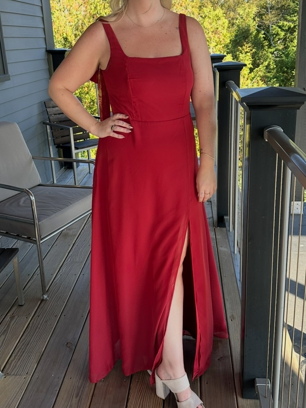 Birdy Grey Burgundy Square-Neck Bridesmaid Dress with Front Slit